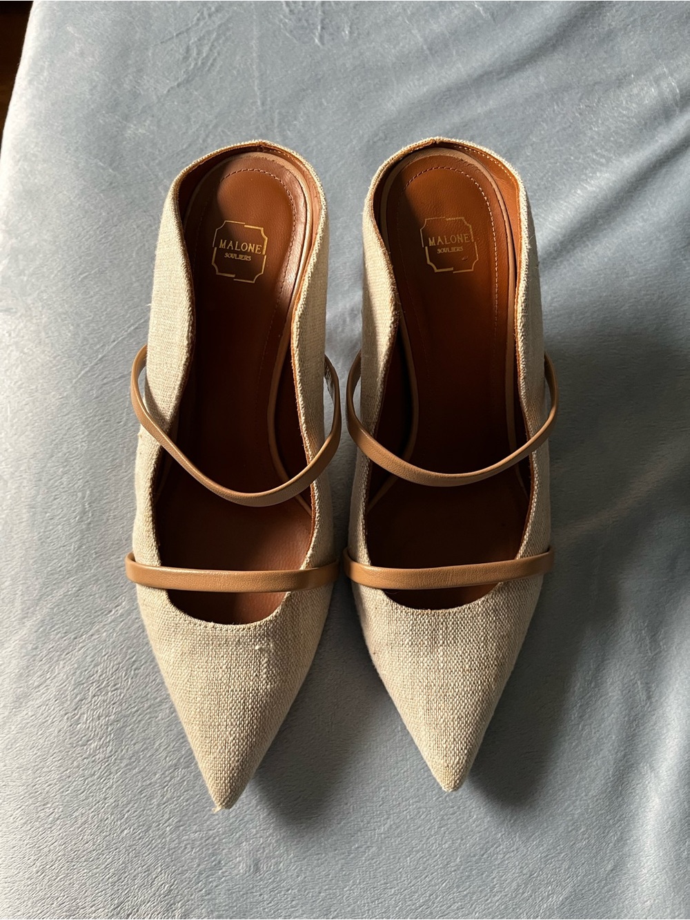 Malone Souliers Beige Canvas Pointed-Toe Mules with Tan Straps